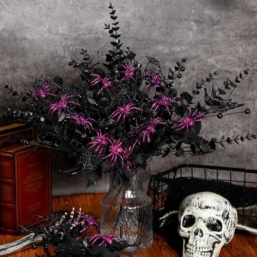Giegxin 20 Pcs Halloween Floral Picks Halloween Decorations 19.5inch Black Artificial Flowers Branches Eucalyptus Stems Glitter Spiderweb Maple Leaf Stems for Home Indoor Party Vase Arrangement Decor