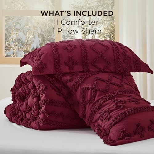 Bedsure Tufted Boho Comforter Set Twin Size - Burgundy Boho Bed Set, GentleSoft™ 2 Pieces Farmhouse-Style Embroidery