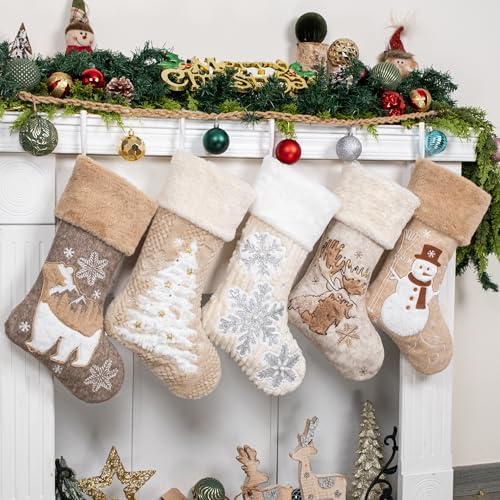 LUBOT 5 Pack Christmas Stockings Soft Large Family Xmas Stocking Set of 5 Embroidered 20" Modern Rustic Farmhouse Country Fireplace Hanging Christmas Decorations