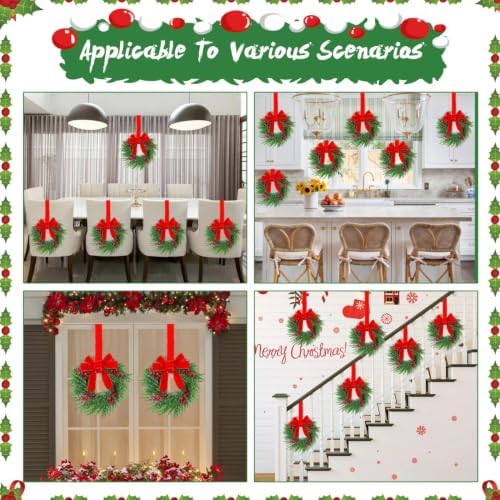 YoleShy 8 Pcs Small Christmas Wreath 12" Mini Wreaths for Cabinets, Small Wreath with Berry & Red Velvet Bow Ribbon, Window Wreaths Christmas Cabinet Wreaths for Kitchen Front Door Chair Wall