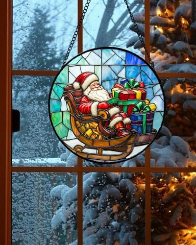 Christmas Jolly Santa Stained Glass Window Hanging Suncatcher Gifts 15"