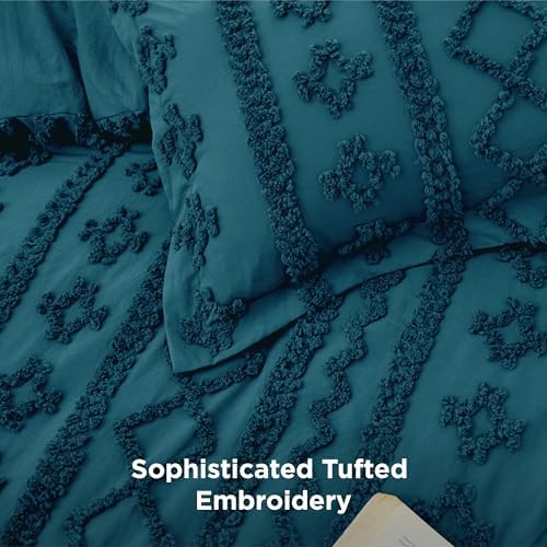Bedsure Tufted Boho Comforter Set King Size - Teal Boho Bed Set, GentleSoft 3 Pieces Farmhouse-Style Embroidery