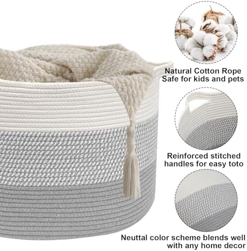 90L Extra Large Blanket Basket,Woven Rope Laundry Basket-Grey
