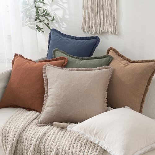 MIULEE Boho Natural Linen Fringe Decorative Euro Throw Pillow Covers 26x26