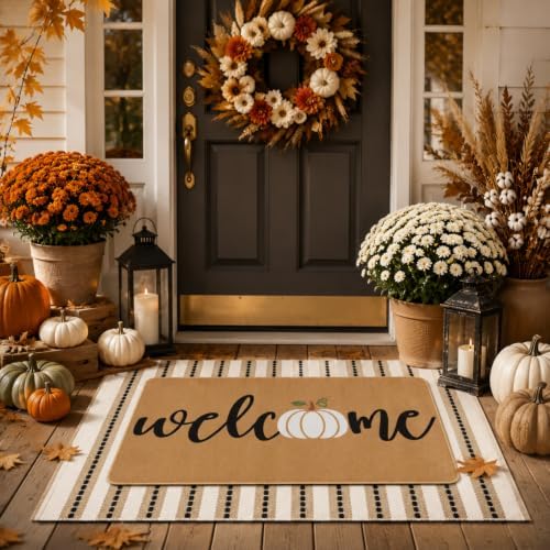 Tinideya 2 Pcs Fall Door Mat Set, Pumpkin Welcome Mat Beige Striped Rug