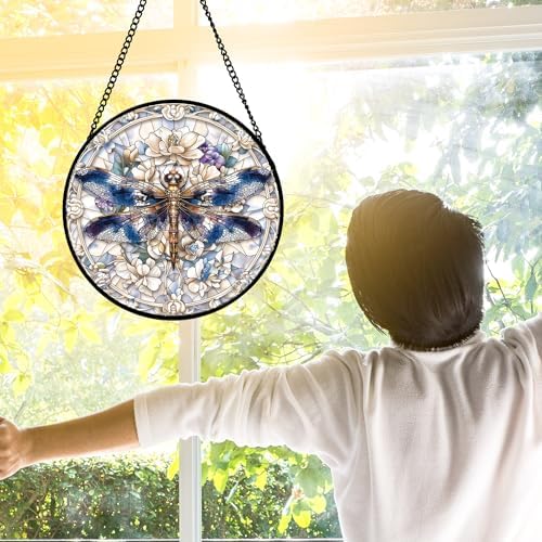 Dragonfly White Florals Stained Glass Window Hanging Suncatcher Gifts 9.8"
