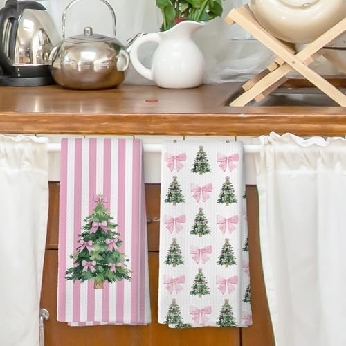 XPH Coquette Pink Bow Christmas Tree Kitchen Dish Towels Set of 2, Christmas Kitchen Gifts, Preppy Pink Bow Xmas Tree Hand Towels Tea Towel Decorations, Girly Bathroom Decor, 16x24inch