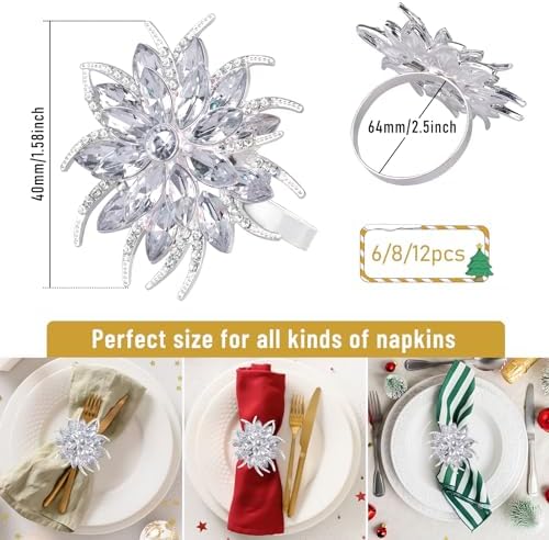 Legigo Set of 6 Christmas Lotus Flower Napkin Rings Set for Dinning Table Setting- Silver Rhinestone Xmas Winter Napkin Ring Holders for Cloth Napkins, Christmas Holiday Party Dinner Table Decoration