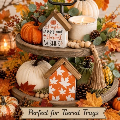 Fall Signs Autumn Pumpkin Tiered Tray Table Shelf Home Decor 2 Pcs