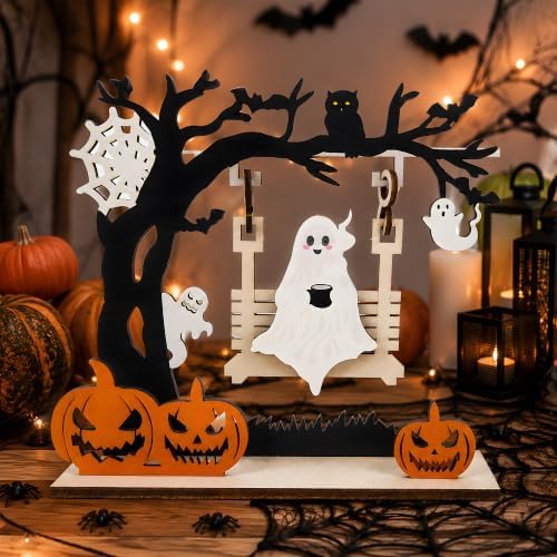 Halloween Decorations - Ghost Pumpkin Wooden Centerpiece Table Decor