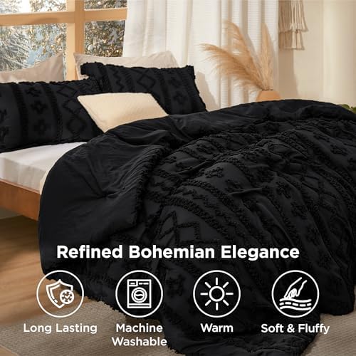 Bedsure Tufted Boho Comforter Set Full Size - Black Boho Bed Set, GentleSoft™ 3 Pieces Farmhouse-Style Embroidery