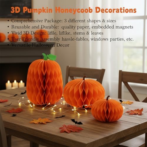 Cinnvoice 3 Pcs Halloween Fall Pumpkin Honeycomb Decor, Larger, Leaf