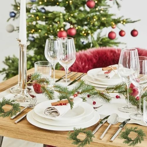 6 Pcs Christmas Napkin Rings Green Artificial Pine Handmade Holiday Wreath Candle Napkin Rings Holders Table Setting for Christmas Table Decor, Wedding, Banquet Decoration