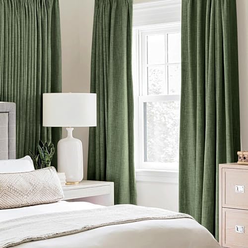 MIULEE 100% Blackout Linen Curtains for Bedroom 52x90 Inches Olive Green