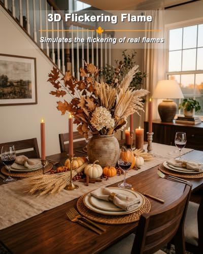 Homemory 9.6 Inch Real Wax Flameless Taper Candles, Terracotta LED Candlesticks 6 Pcs with 3D Flame Remote and Timer, Battery Operated for Thanksgiving Mother's Day Teacher Appreciation Gifts