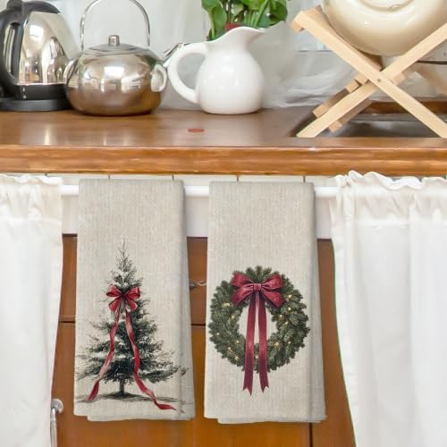 Red Bow Christmas Wreath Tree Kitchen Dish Towels 16x24, Set of 2