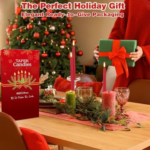 YOROXRG 24 Pack Red Taper Candles, 7-8 Hours Burn Time, Unscented, Smokeless and Dripless, 0.75 x 10 Inch Dinner Candle Set for Christmas,Household, Wedding, Party and Home Décor Candlesticks