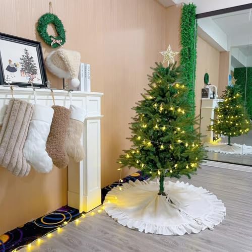 Velvet Christmas Tree Skirt White 48 inch Ruffled Holiday Tree Skirt for Rustic Xmas Tree Decoration