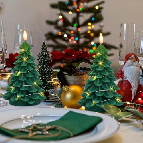 Christmas Tree Candles with String Light & Remote Timer Green