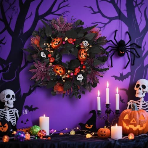 Halloween Wreath for Front Door, 24" Black Gothic Spooky Outdoor Décor
