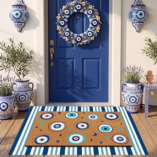 Tinideya 2 Pcs Blue Evil Eye Layered Doormat Set