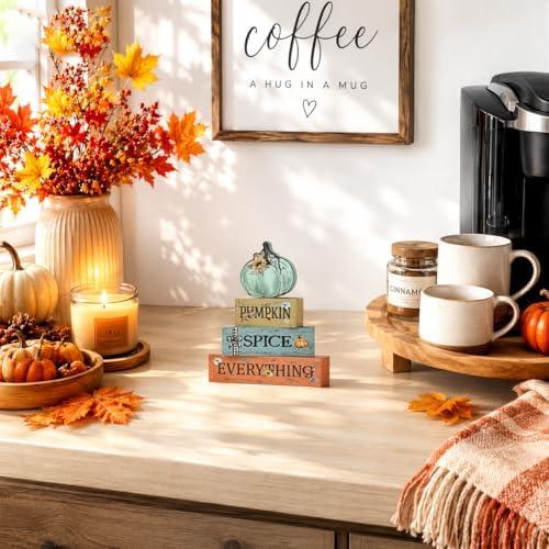 Smile Fall Wooden Decor Signs Teal Pumpkin Plaque PUMPKIN SPICE EVERYTHING Tiered Tray Tabletop Signs for Autumn Harvest Thanksgiving Home Decor
