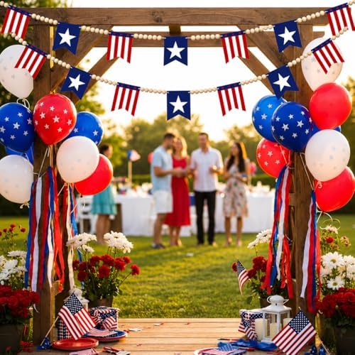 Felt Red White Blue Wood Bead Garland Banner for Mantel Fireplace