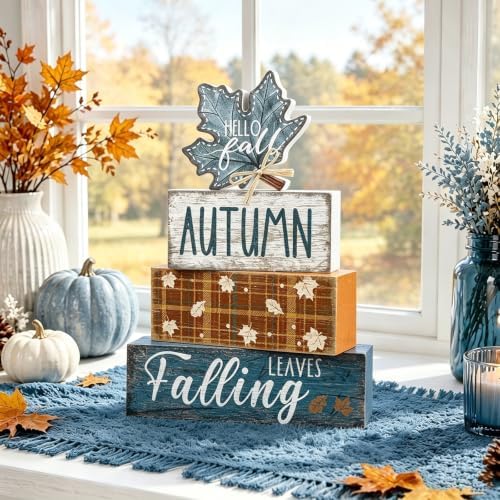 4Pcs Fall Table Decoration Fall Wood Signs Blue Maple Leaves Sign