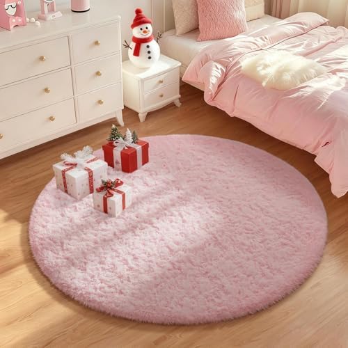 Ophanie Round Rugs 5Ft Pink Circle Area Rug,Fuzzy Bedroom Carpet, Shag Plush Floor Kawaii Christmas Living Room Rugs 5
