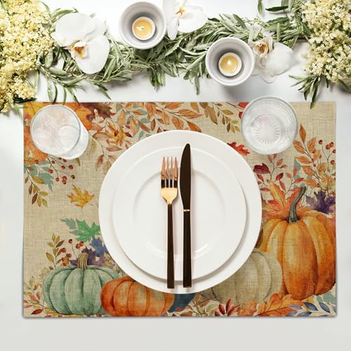 Fall Thanksgiving Placemats Set of 4 18x12 Inch Autumn Pumpkins Maple Leaves Linen Place Mats Heat-Resistant Washable Wipeable Table Mat for Party Kitchen Dining Room Dinner Table Decor