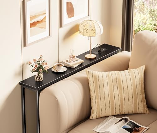 SUPERJARE 39.4 inch Narrow Behind Couch Table with Charging Stations