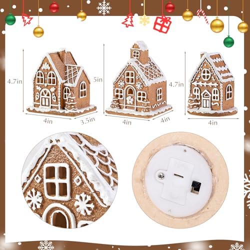 Resin Christmas Decorations: 3Pcs Light-Up Gingerbread House Christmas Village Collectible Figurines, Battery Powered LED Lights, Classic Gifts Swedish Xmas Decorations for Home Table Décor