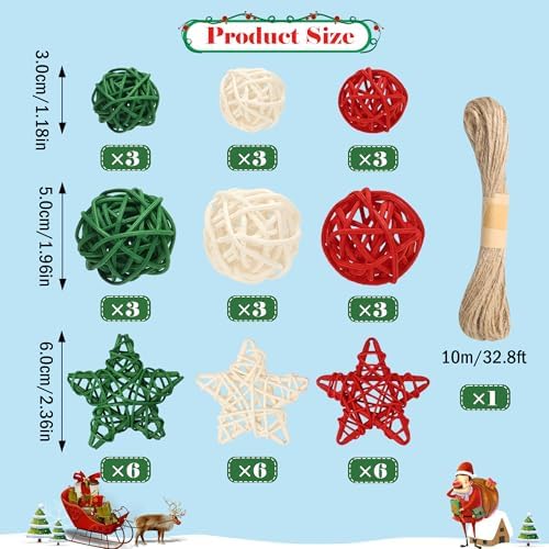 Lucleag 36Pcs Christmas Rattan Balls Star Decorations, Red White Green Natural Wicker Balls Star Ornament Vase Filler DIY Craft with Hemp Rope for Xmas Tree Home Table Decorations Party Supplies