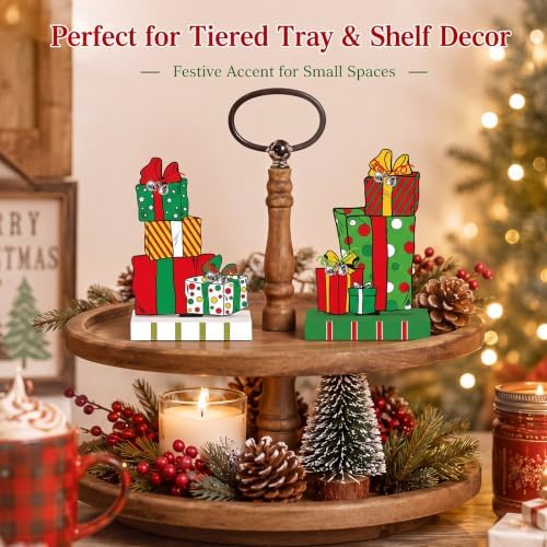 Amyhill 2 Pcs Christmas Table Decorations 5.9 Inch Xmas Gift Box Wood Signs