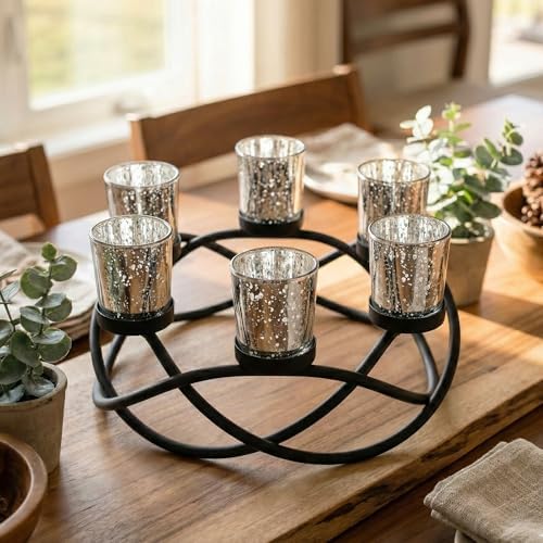 Seraphic Kitchen Table Centerpiece Decor, Tealight Candle Holder, Silver