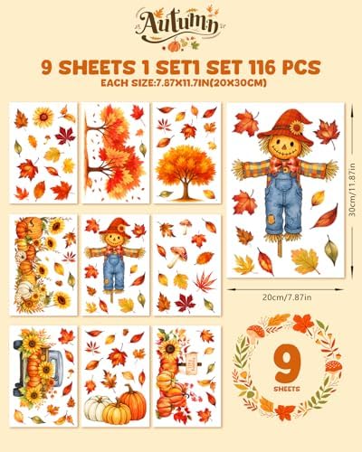Fall Window Clings - 9 Sheets 116 Pcs Fall Decorations for Autumn Thanksgiving Harvest Home Party, Pumpkin Leaves Truck Maple Sunflowers Stickers for Glass, Double-Sided Static Window Decals