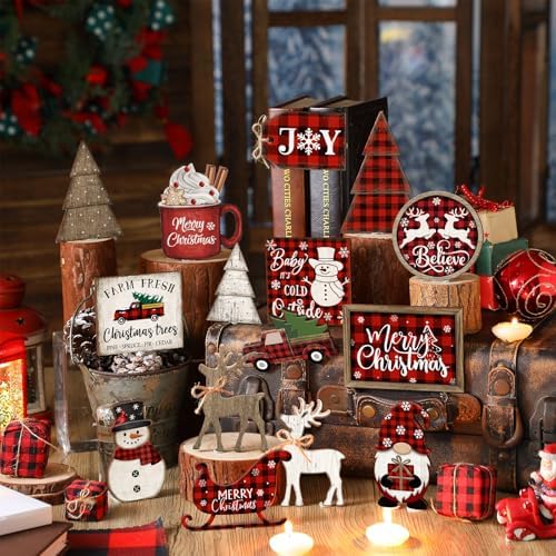 Shellwei 21 Pcs Christmas Tiered Tray Decor Set Wood Rustic Buffalo Plaid Christmas Decoration Winter Farmhouse Decor Xmas Trees Gnome Elk Snowflake Signs for Table Shelf Home Centerpiece (Plaid)