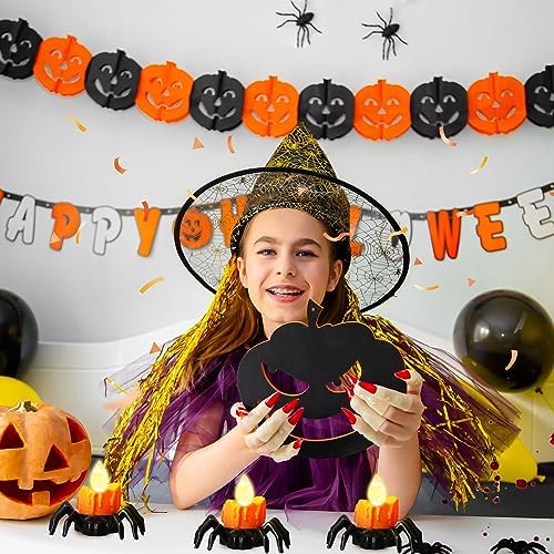 YBB 6 Pcs Halloween Spider Tea Lights, Novelty LED Flameless Spider Candle Holder Battery Operated Orange Tea Lamps for Halloween Party Table Home Spooky Decor