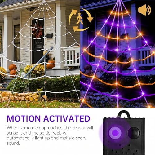 [Motion Activated Lighting&Speaking] 20 * 17FT Halloween Spider Web 150 Led Purple&Orange Lights Light Up Lighted Triangular Giant Waterproof with 200sqft Cobweb for Outdoor Decor Yard Decoration