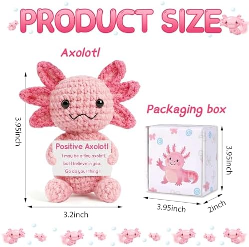 Pink Positive Crochet Axolotl Gift - Handmade Knitted Axolotl Plush with Gift Box Card for Girl, Women, Friends, Coworker, Emotional Support Crochet Animals Gifts for Birthday Graduation Desk Decor