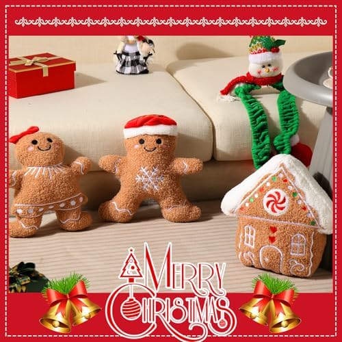 Konohan 3 Pcs Christmas Gingerbread Man Throw Pillows for Christmas Decor