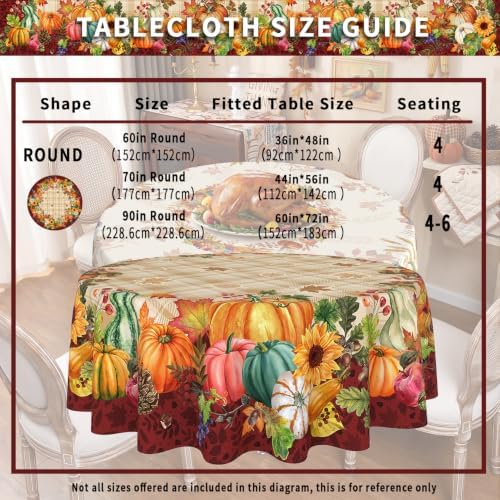 Fall Plaid Round Tablecloth 70 Inch, Stain Resistant Washable Fabric Autumn Harvest Pumpkin Table Cloth Round Fall Tablecloth Table Cover for Kitchen Dining Party