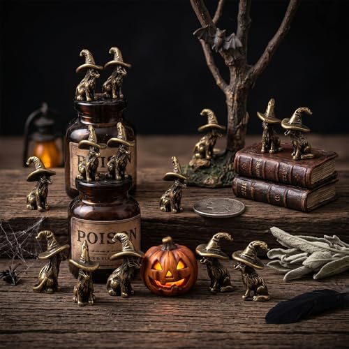 Civaner 50 Pcs Halloween Mini Brass Figurine Miniature, Witch Cat