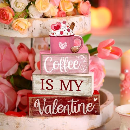 Lineshading 4 Pcs Valentine Coffee Wood Block Signs, Tiered Tray Decor
