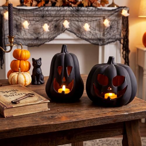 Tioncy Halloween Decor Terracotta Jack O Lantern Pumpkin Decor,Black