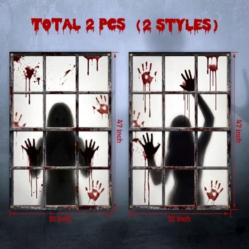 Newwiee 2 Pcs Scary Halloween Curtain Window Silhouette Bloody Handprint