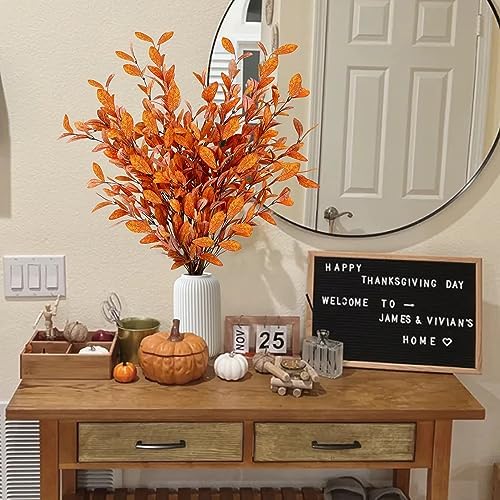 Sggvecsy 6 Pcs Artificial Fall Eucalyptus Stems Fall Eucalyptus Leaves Silk Autumn Leaf Branches Fall Decorations for Home Vase Thanksgiving Table Centerpieces Harvest Festival Decor (Orange)