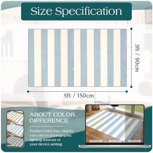 3x5 Entry Rug - Small Washable Indoor Outdoor Mats for Front Door Non-Slip Porch Rug Summer Blue White Coastal Striped
