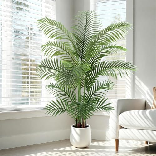 5ft Artificial Palm Tree Tall Faux Palm Tree Indoor Large Fake Plants with 15 Trunks Artificial Plants with White Pot