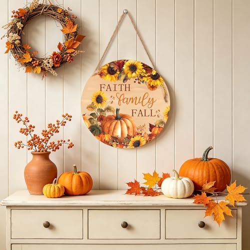 Faith Family Fall Front Door Sign Fall Sunflower Pumpkin Door Decorations Wood Sign Autumn Harvest Wreath Door Hanger Farmhouse Fall Plaques Wall Hanging Decoration for Home Proch Yard 12"x12"